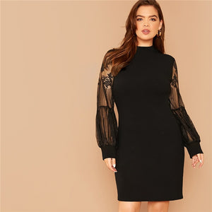MOCK NECK LACE LANTERN SLEEVE DRESS
