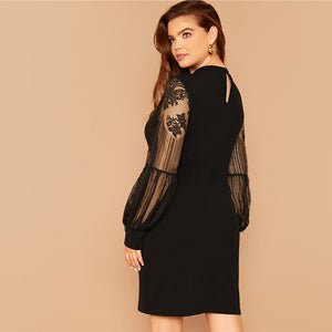 MOCK NECK LACE LANTERN SLEEVE DRESS