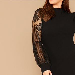 MOCK NECK LACE LANTERN SLEEVE DRESS