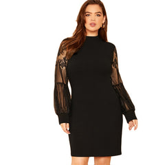MOCK NECK LACE LANTERN SLEEVE DRESS